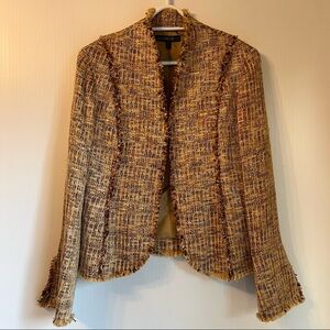 LAFAYETTE 148 New York Tweed Blazer Fringe Trim Sz 8 Brown Gold Boucle Jacket